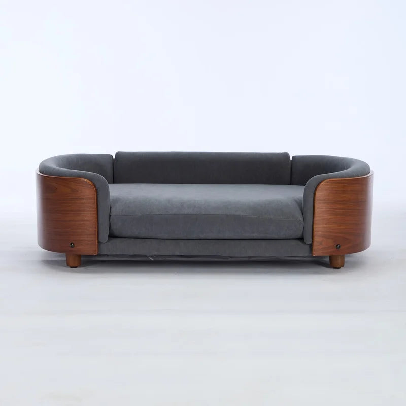 Elevated Dog Bed with Solid Wood Legs and Walnut Bent Wood Back- Velvet Upholstery- Washable-Large Size-Bed & Blankets
