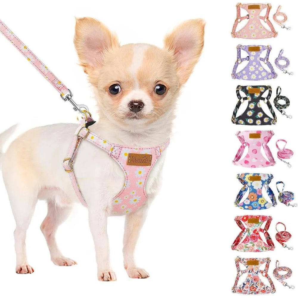 No Pull Dog Harness Adjustable Lightweight Soft Floral Pattern Pet Safety Leash Step-in Design Perfect Small Medium Dogs size XXS-M