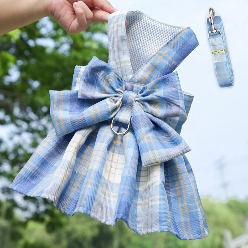 Dog Plaid JK Dress-Reusable with Leash Traction-Thin Dacron- Harness Skirt- Adjustable -Washable-Costumes/Apparel