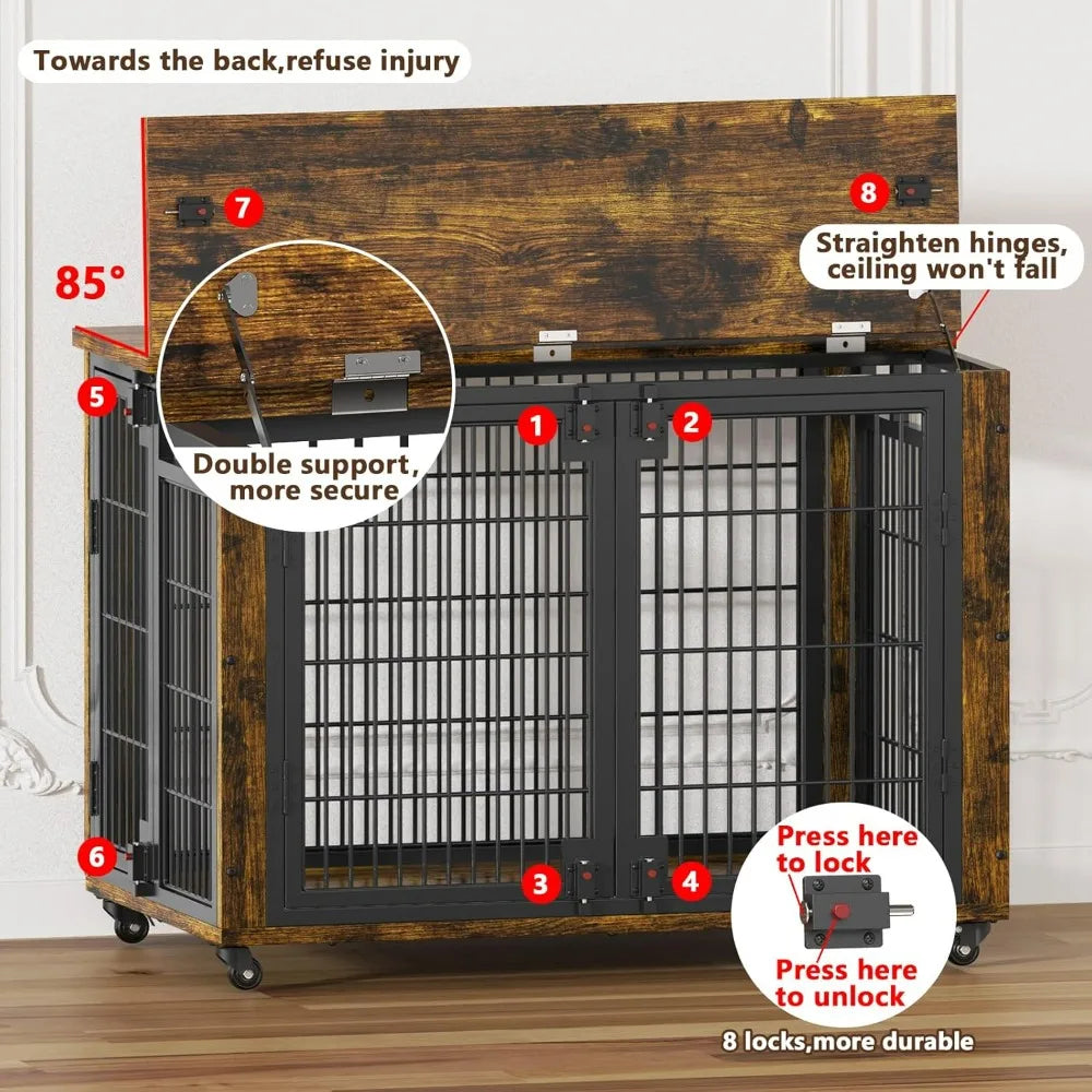 Wooden Dog Crate Furniture-Small and Medium Dog Kennel- Indoor Furniture with Top-Access-2 Doors