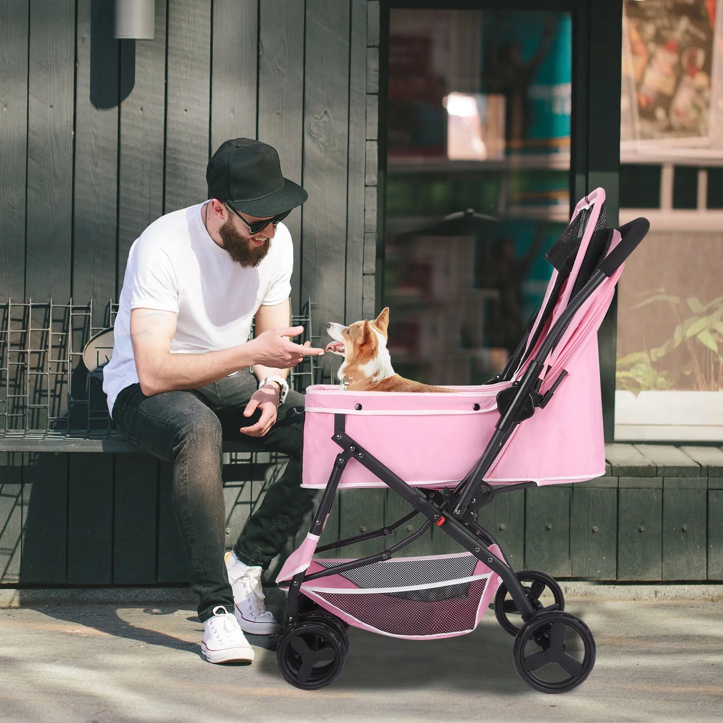 Dog Stroller- Pet Stroller for Medium Size Dogs with Poop Bags- Reversible Handlebar- Tethers- Storage Basket and Pouch-Pet Strollers