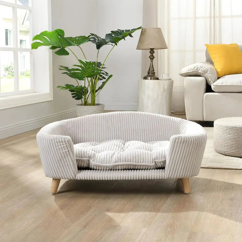 Beautiful Elevated Orthopedic Sofa Bed for Small Dogs-Foam Cushioned Dog Couch with Wooden Legs- Modern-Light Beige-Small Breeds-Beds & Blankets