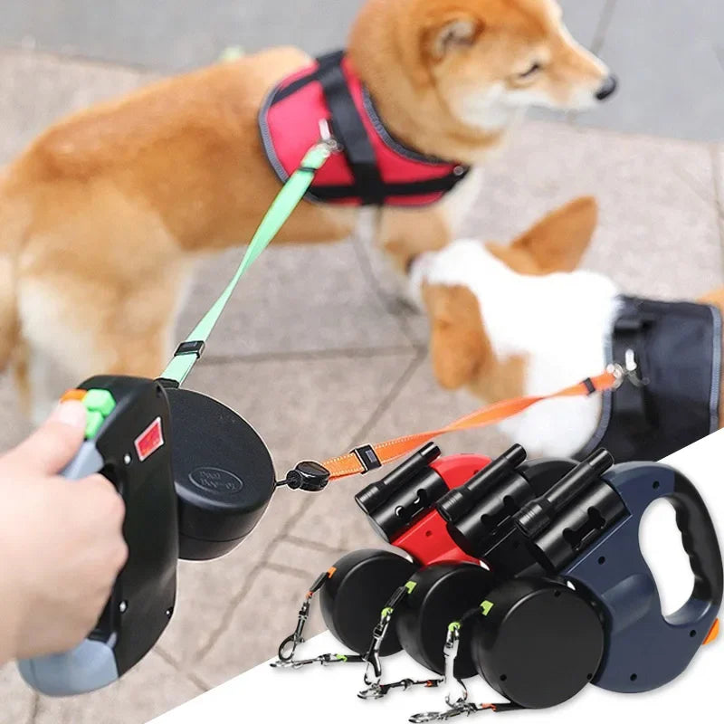 3 in1 Double Head Automatic retractable Dog leash with Flashlight /Poop Bag Dispenser- Reflective -Extendable Traction Rope