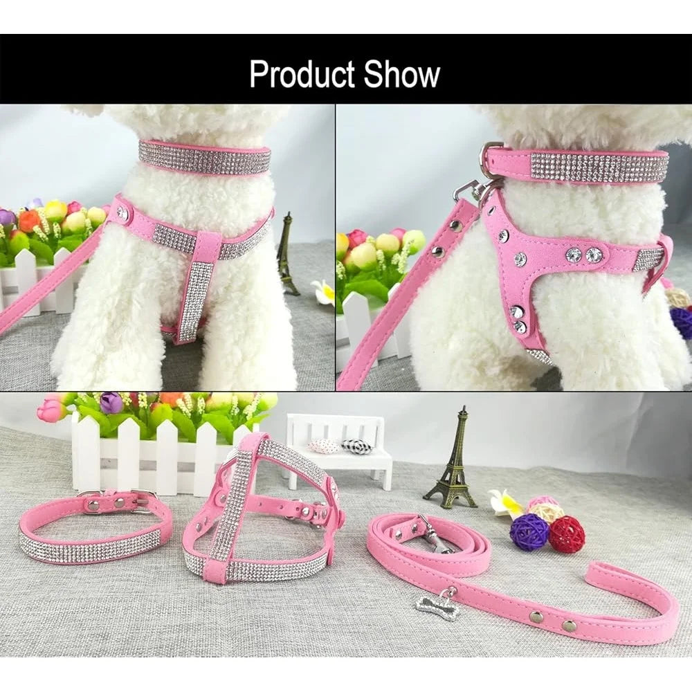 Comfortable Soft Dog Collar and Harness Set with Leash Stylish Diamond Design -Small Pets Training Outdoor Activity