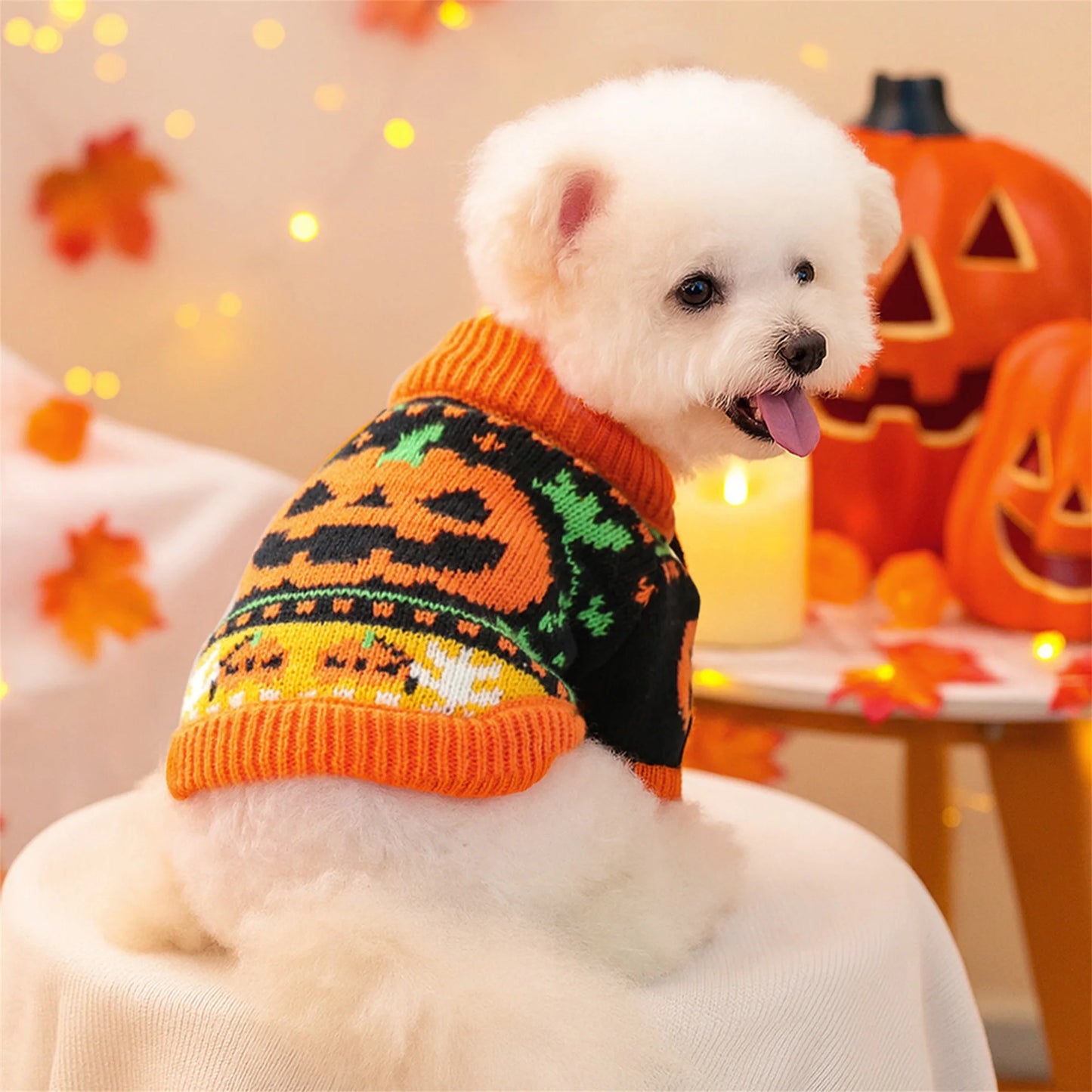 Halloween Pumpkin Ghost Costume for Dogs -Pet Winter Fall Clothes Pumpkin Knitted Sweater- Small Dog Outfit