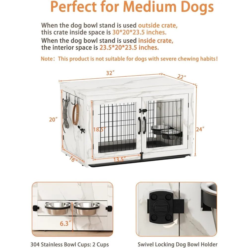 Wooden Dog Crate Furniture with 360°Rotatable Removable Dog Bowls- Dogs Crate End Table with Tray-Double Doors Dogs Kennels