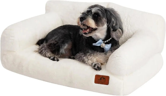 Fluffy Plush Pet Couch Bed- Soft Calming Sofa for Medium/Small Pets- Gray-Bed & Blankets