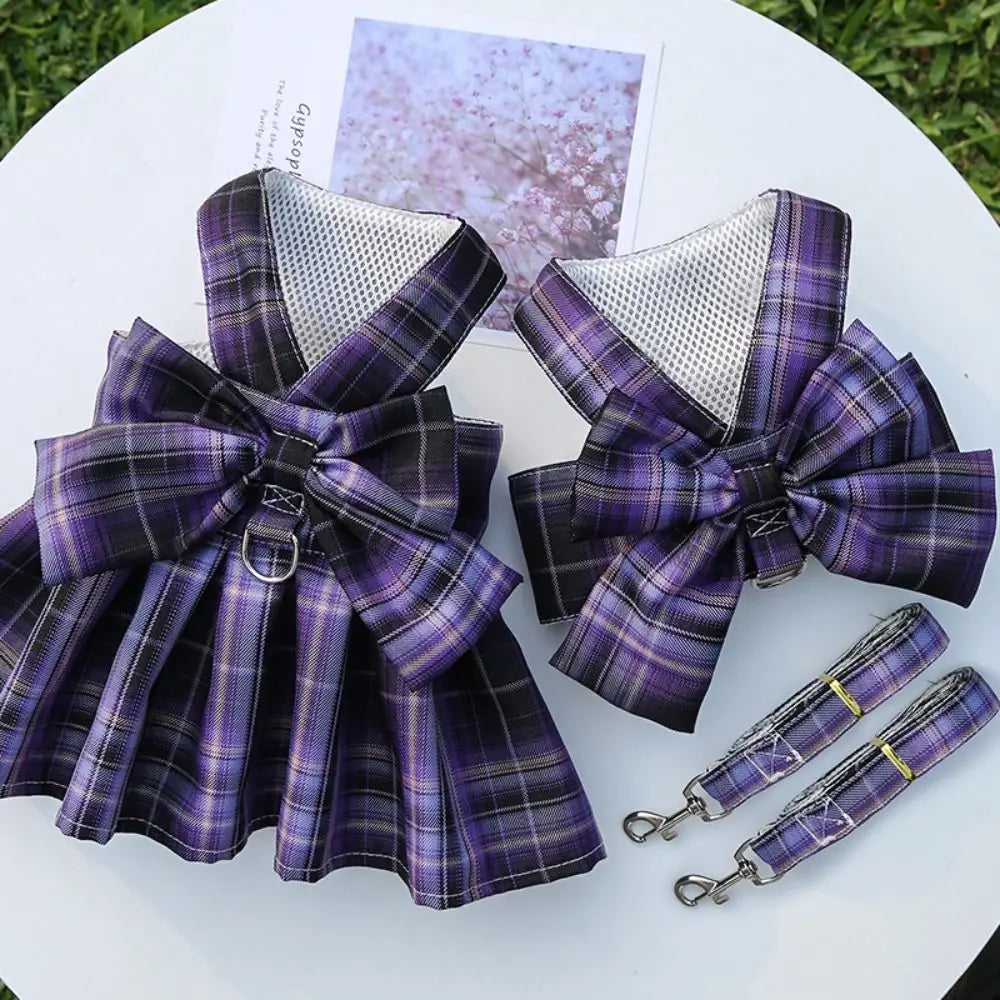 Dog Plaid JK Dress-Reusable with Leash Traction-Thin Dacron- Harness Skirt- Adjustable -Washable-Costumes/Apparel