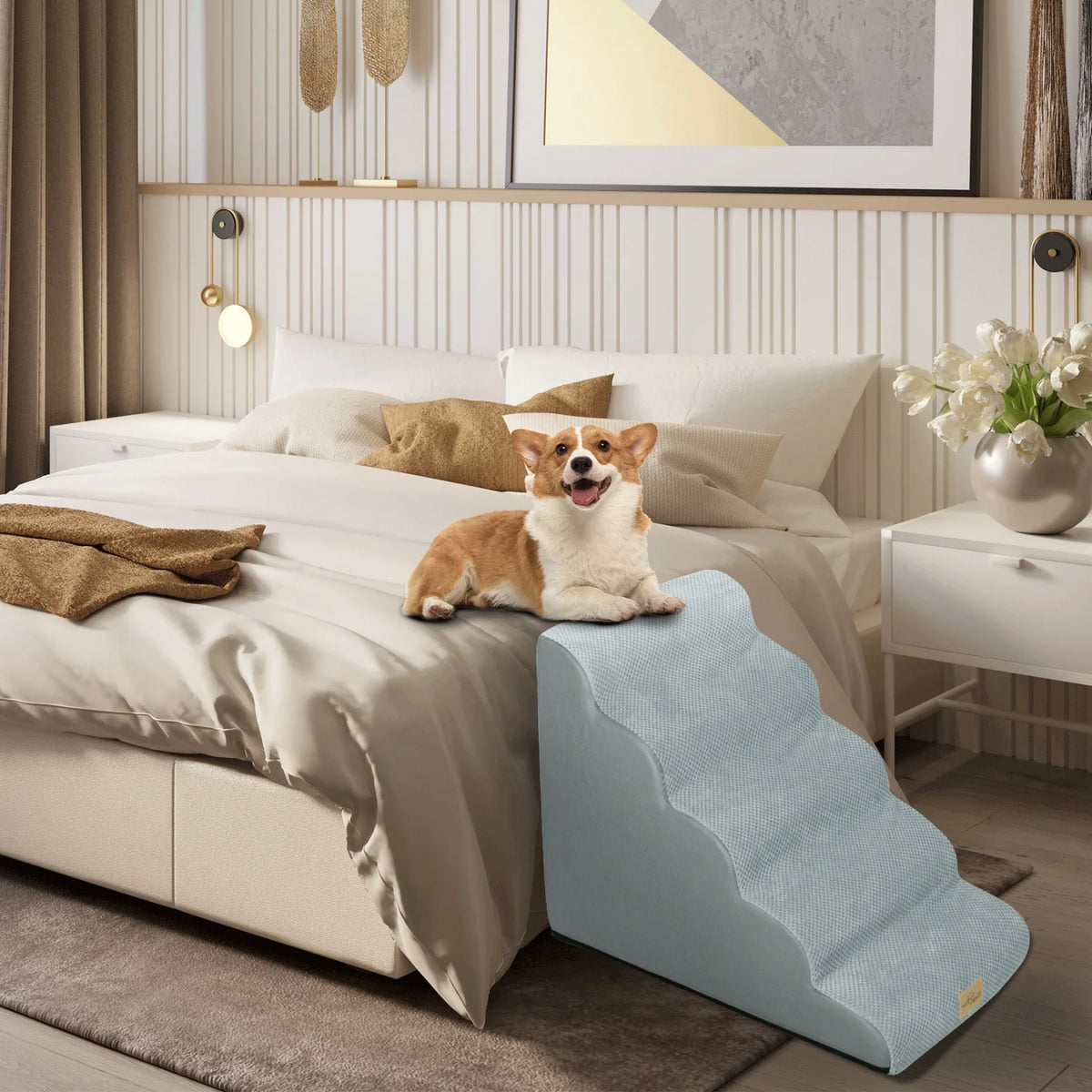 3/4/5 Steps Dog Stairs-Curved  Steps-Ramp with Removable Cover- for Sofa- Bed- Chair- High-Density Sponge Foam-Pet Stairs