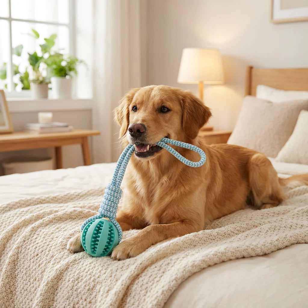 Cotton Rope & Rubber Dog Chew Ball- Treat Dispenser Toy-18x13cm- Durable- for Boredom/Teething-Dog Toys
