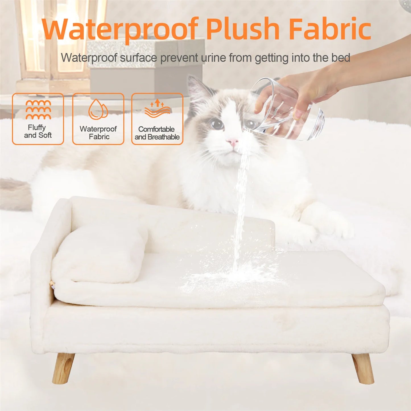 Waterproof Pet Sofa Dog Cat Bed Couch Raised Chair Lounger Plush Cover Cushion with Pillow-Beds & Blankets