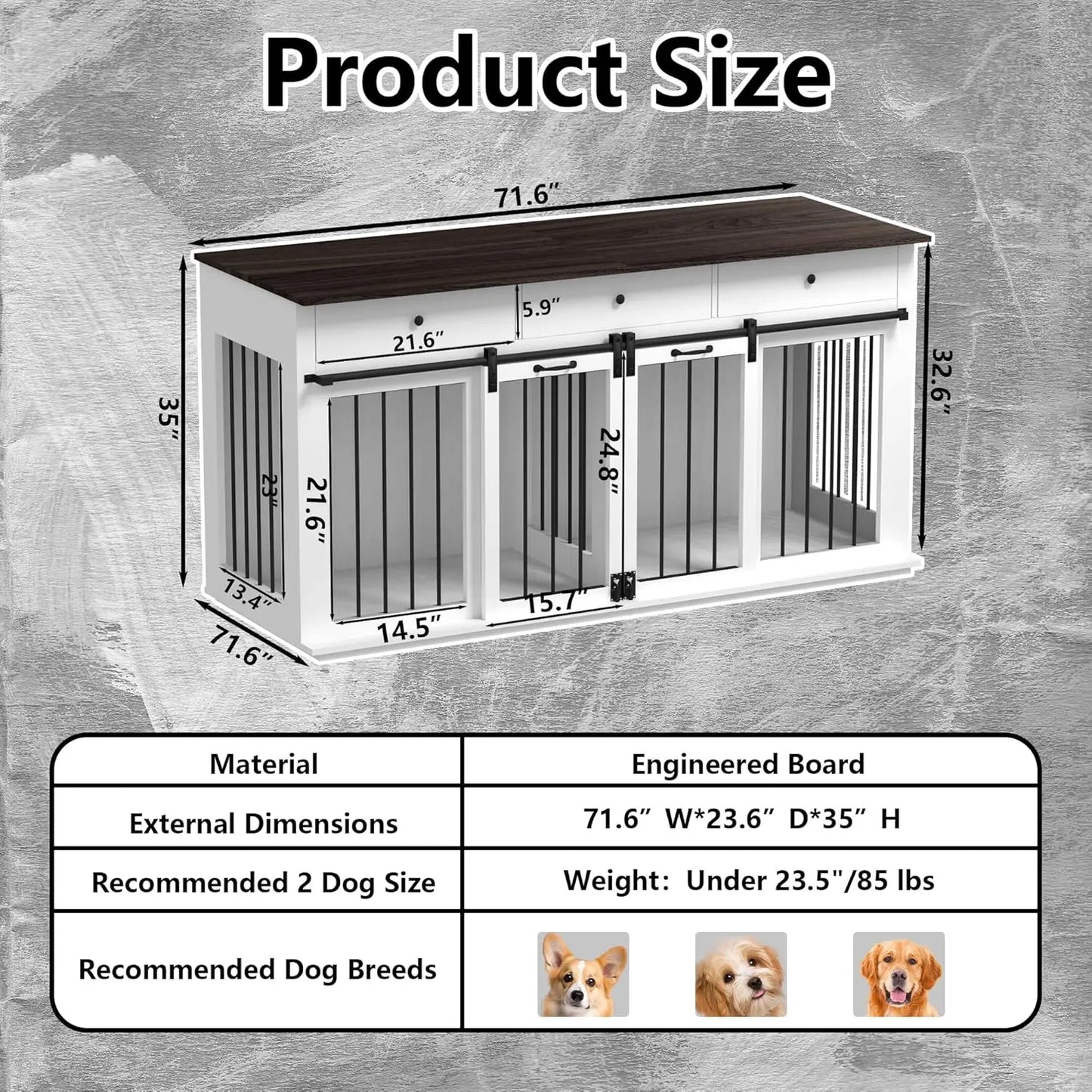 Dog Crate Furniture with Divider- Dog Crate for Small to Large Dogs- Large Indoor Dog Kennel Furniture with Double Doors-3 Drawers
