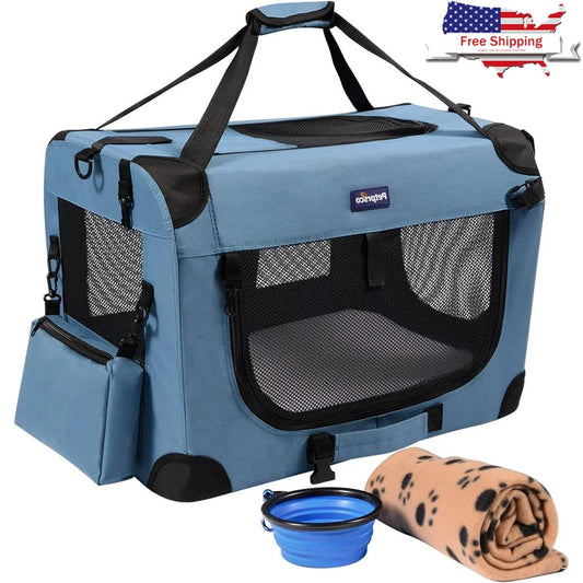 Portable Collapsible Dog Crate- Travel Pet Carrier with Soft Warm Blanket- Foldable Bowl -Small Dogs Indoor Outdoor