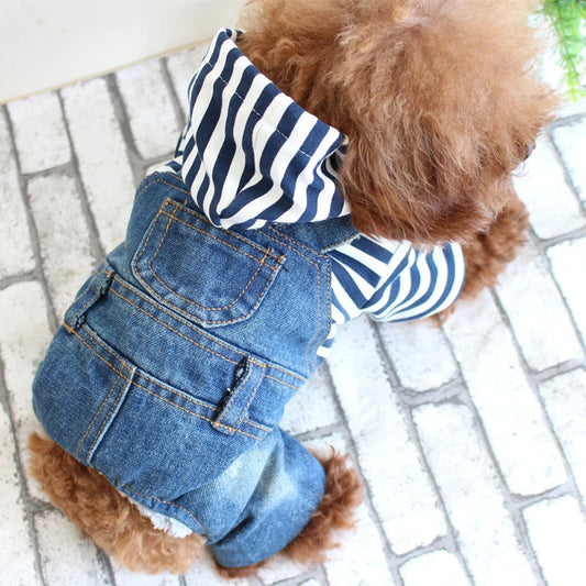 Pet Denim Jumpsuit- Dog Jeans Hoodies -Cool Blue Coat -Medium -Small Dogs Classic Jacket Blue Vintage- Washed -Vests
