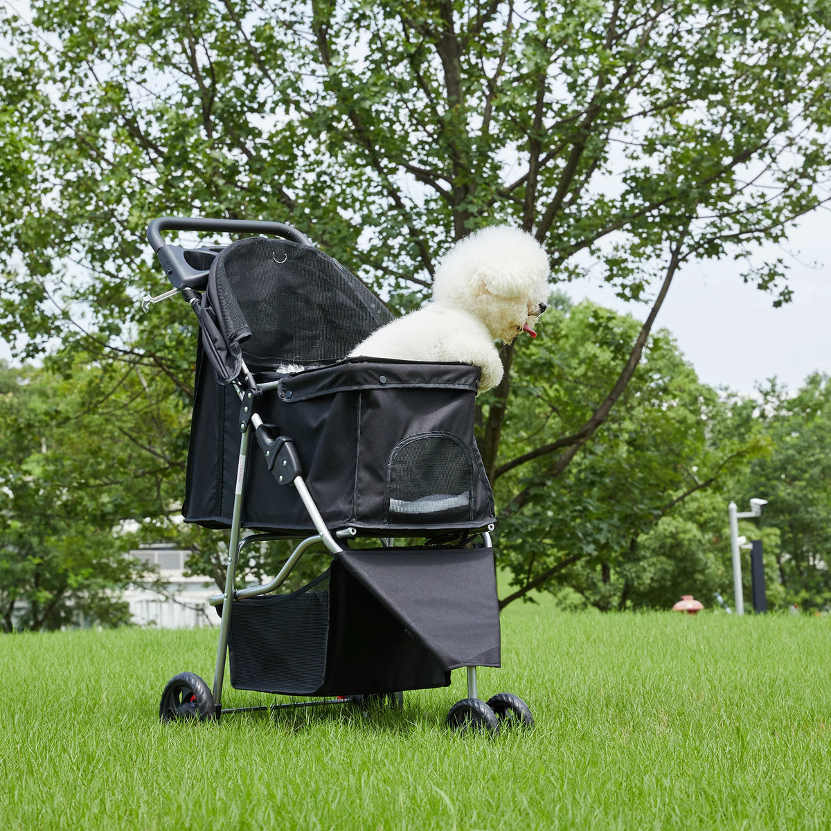 JHK 3 Wheels Foldable Pet Stroller-Mesh Windows- Storage Basket- Cup Holder-Pet Strollers
