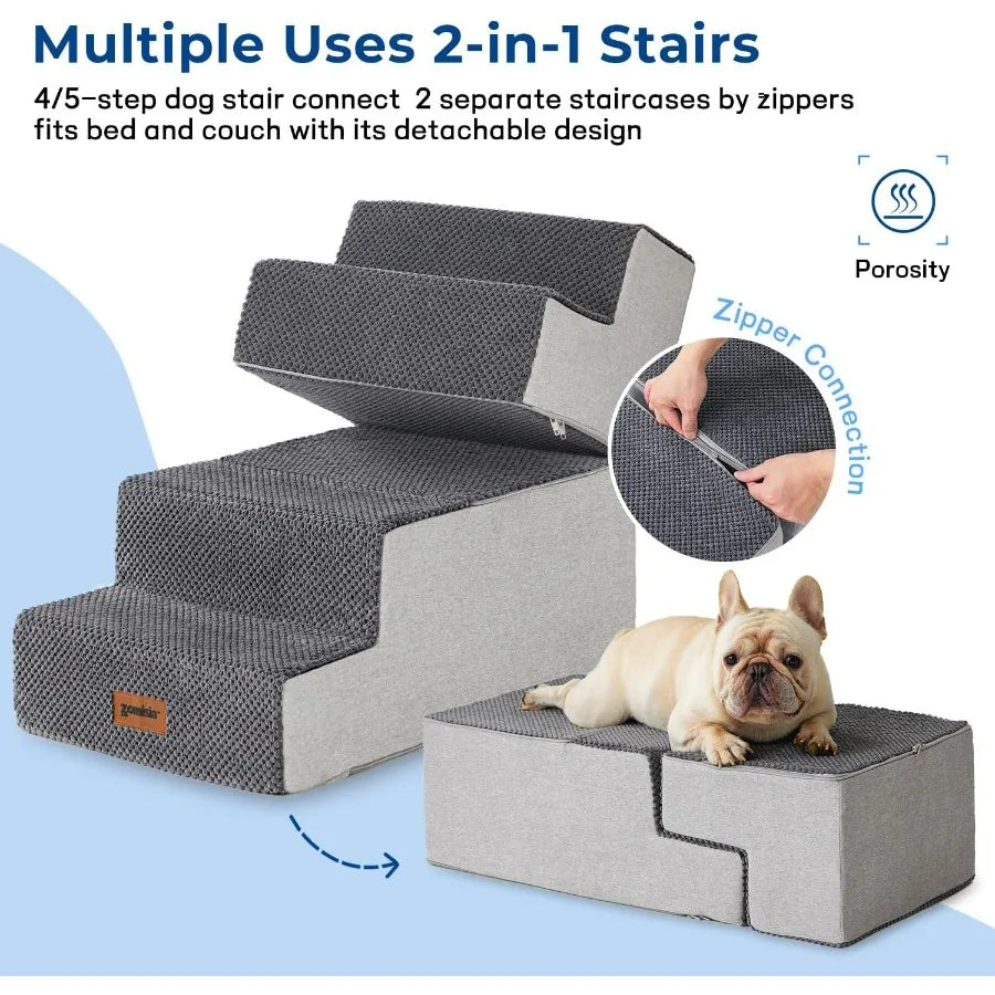 Dog Stairs for Small Dogs Pet Stairs- 2 in 1 with Zippers -Suitable for Couch and Bed -35D Foam Dog Steps with Non Slip Bottom