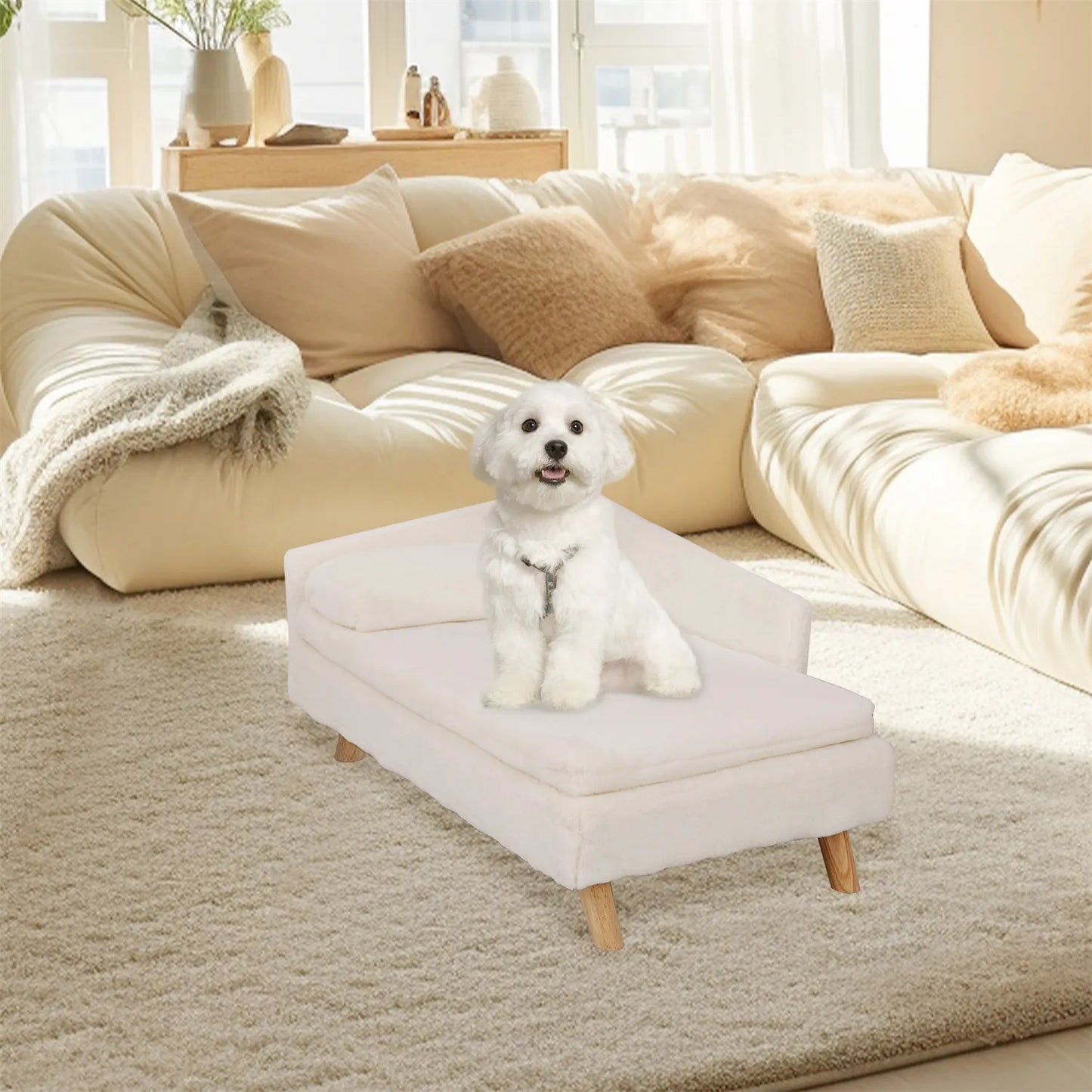 Elevated Pet Bed-Nordic Pet Stool Bed with Cozy Pad- Waterproof- Pet Sofa Bed with Sturdy Wood Legs for Small Dog-Bed & Blankets