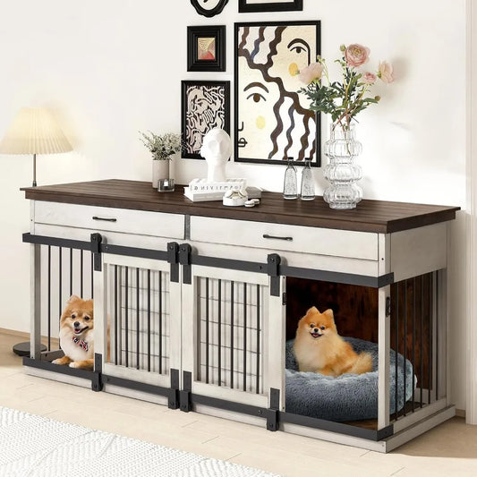 Dream  Solid Wood Dog Crate Furniture, 72.4" Wooden Indoor Dog Kennel Furniture