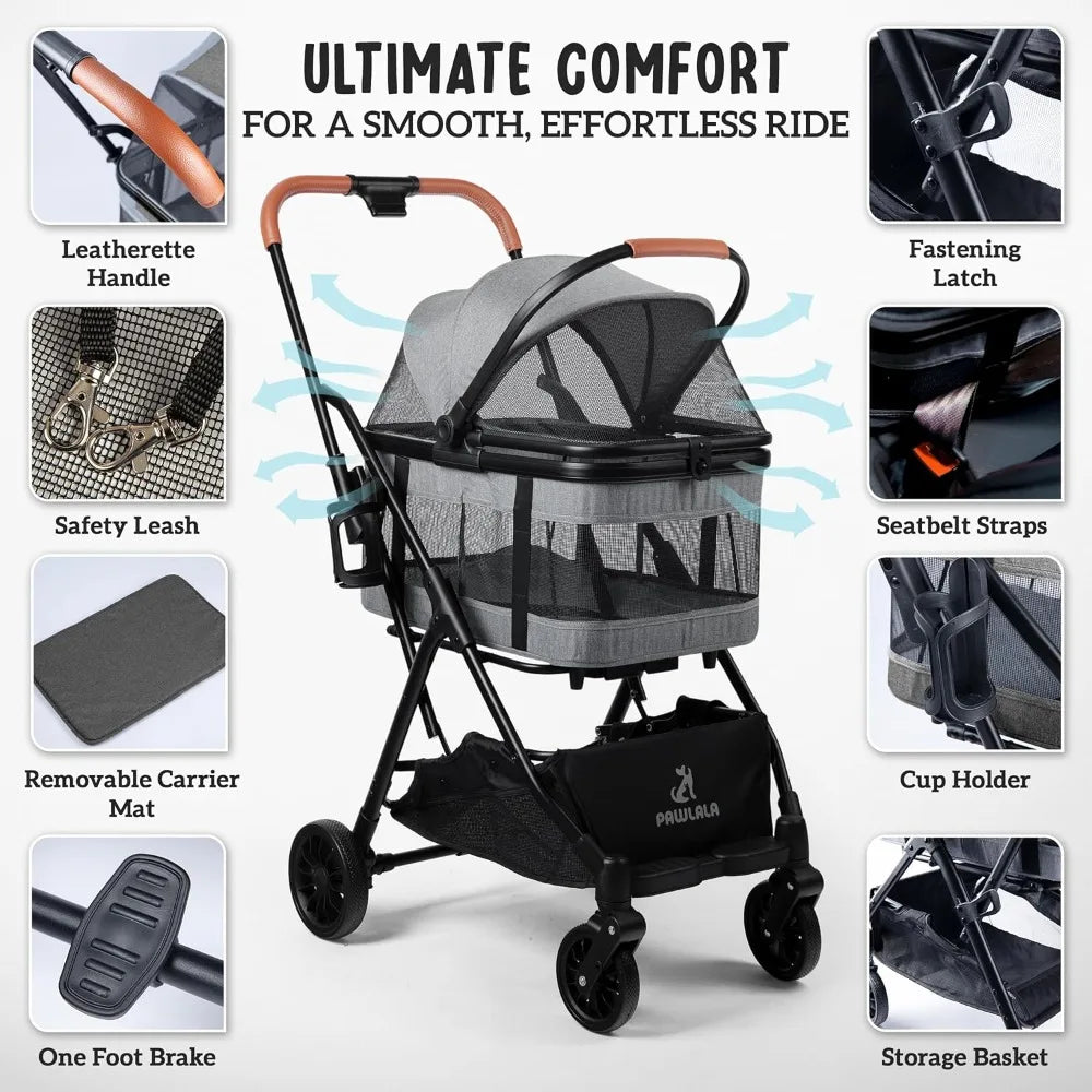 Pet Stroller/Car Seat with Detachable Carrier - Compact Design for Small Dogs (under 30 lbs) - All-Terrain Wheels - Easy Fold