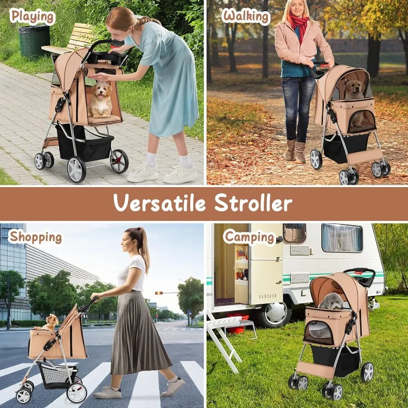 4 Wheels Dog Stroller, Foldable Pet Stroller for Small/Medium Dogs Cats, Cat Carrier with Storage Basket and Cup Holder, Pet Car