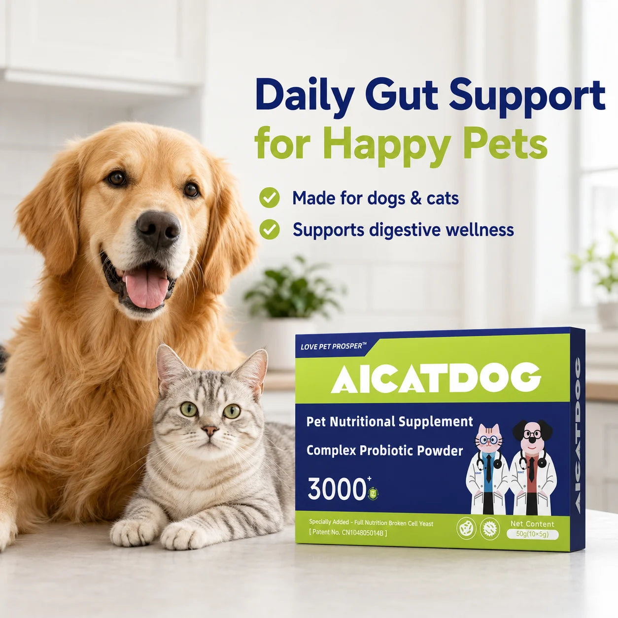Probiotic Powder for Dogs & Cats- 3000+ Formula Digestive/ Gut Health Supplement- Daily Probiotics with Broken Cell Yeast- Stool/Immune- Support, 50g (10 x 5g)