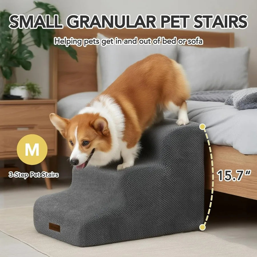 Pet Stairs for Small Elderly Dogs- 3-Step Dog Ramp- Non-Slip Surface- Soft Washable Cover- Portable