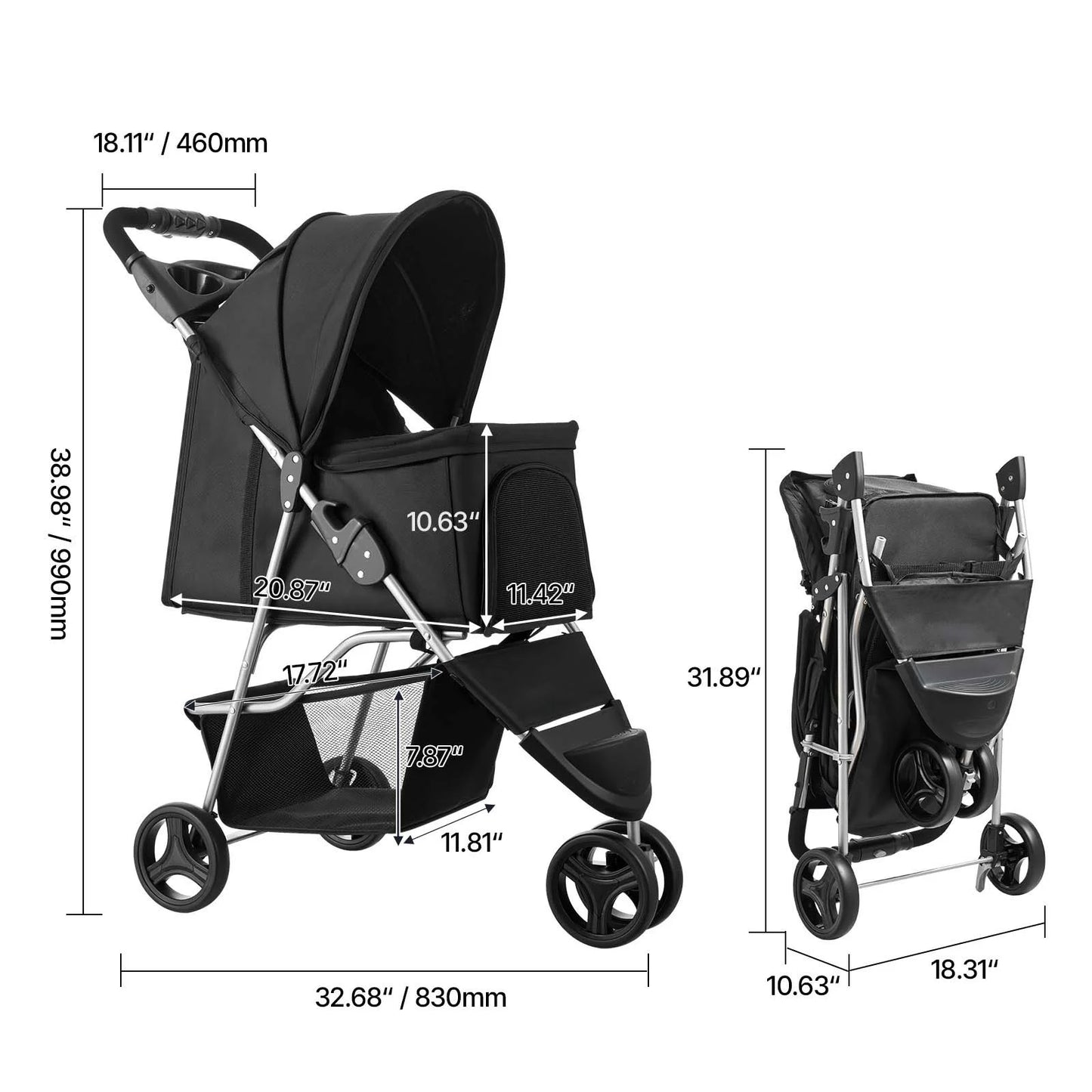 SucceBuy Pet Stroller- 35 lbs Weight Capacity- Dog Stroller Cart- 4 Wheels Pram w/Detachable Mesh Carrier w/ Brakes-Pet Strollers