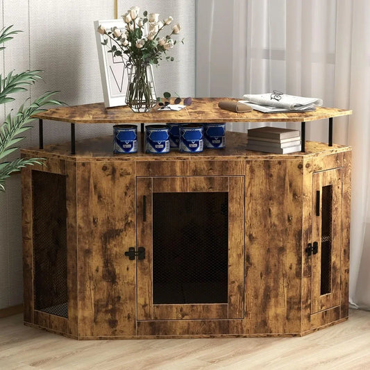 Corner Dog Crate with Cushion-52" L Furniture Style Wooden Dog Kennel -,Indoor Dog House with Storage Shelf