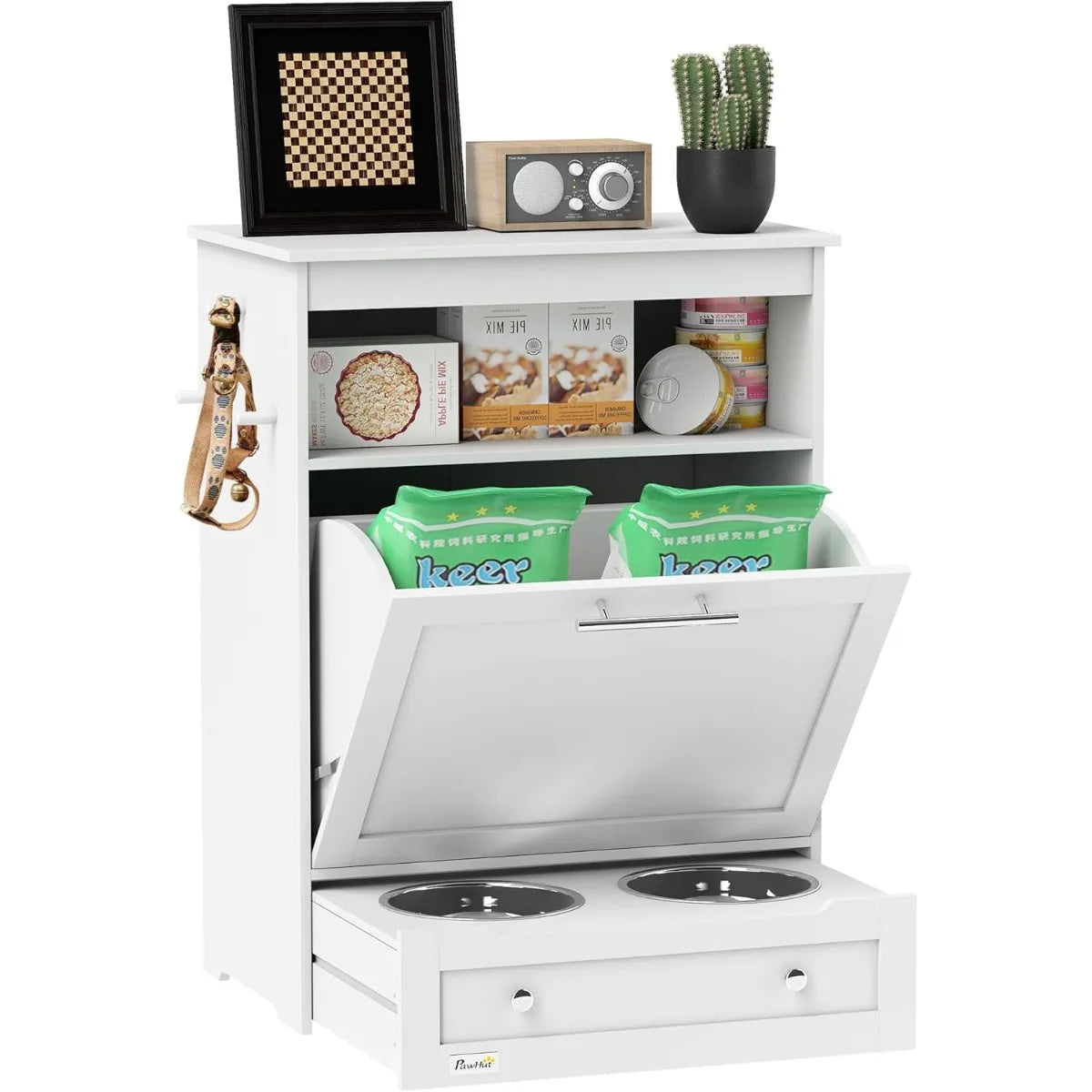 Dog Feeding Station with Raised Bowls/ Storage Cabinet- Pet Feeder Organizer with Hanger for Food & Water-Pet Bowl/Feeding