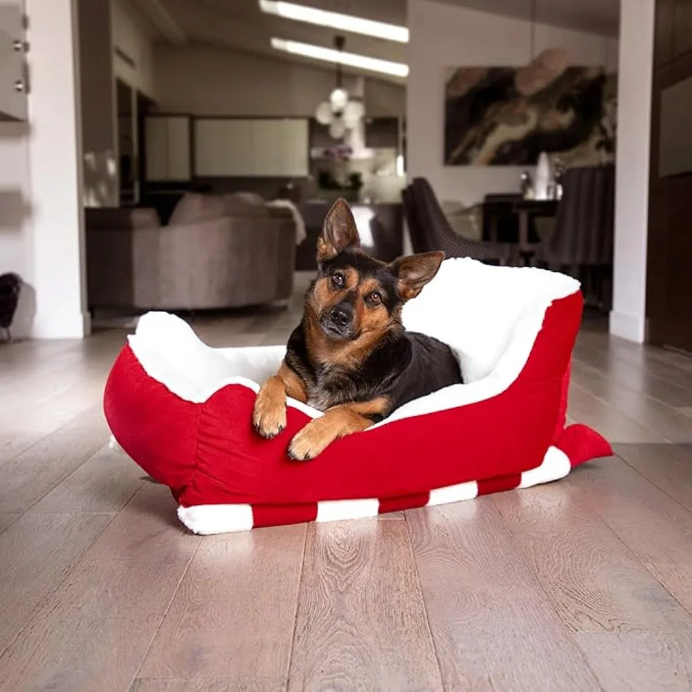 Holiday Sleigh Dog Bed, Red Velvet with Natural Color Faux Fur, Indoor and Outdoor Dog Bed, Holiday Themed Pet Beds