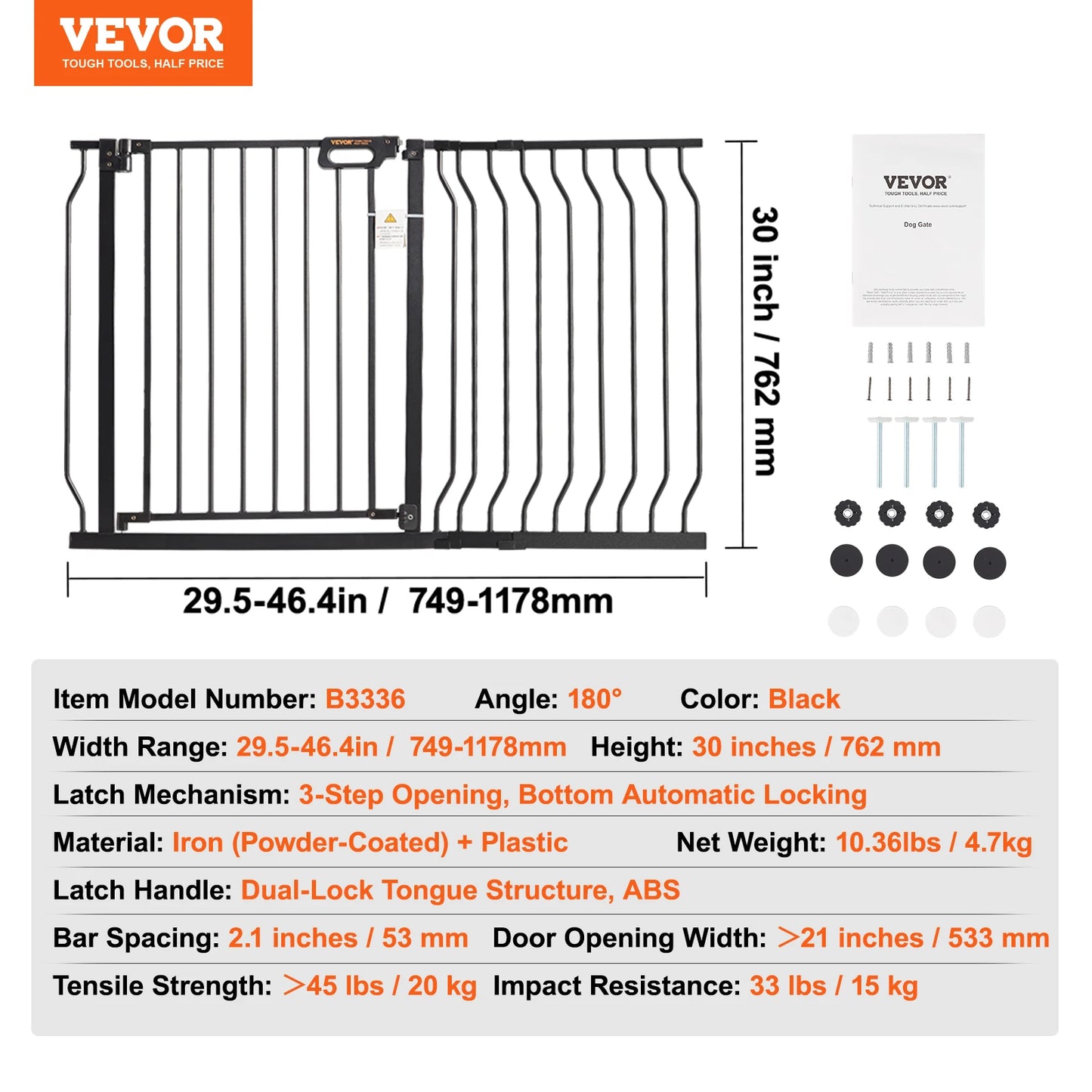 VEVOR Gate 28/30/36 Inches High -Dog Gate Easy Step- Walk Thru Child Pet Security- Pressure Mount Kit- Wall Cups Doorways-Pet Stairs