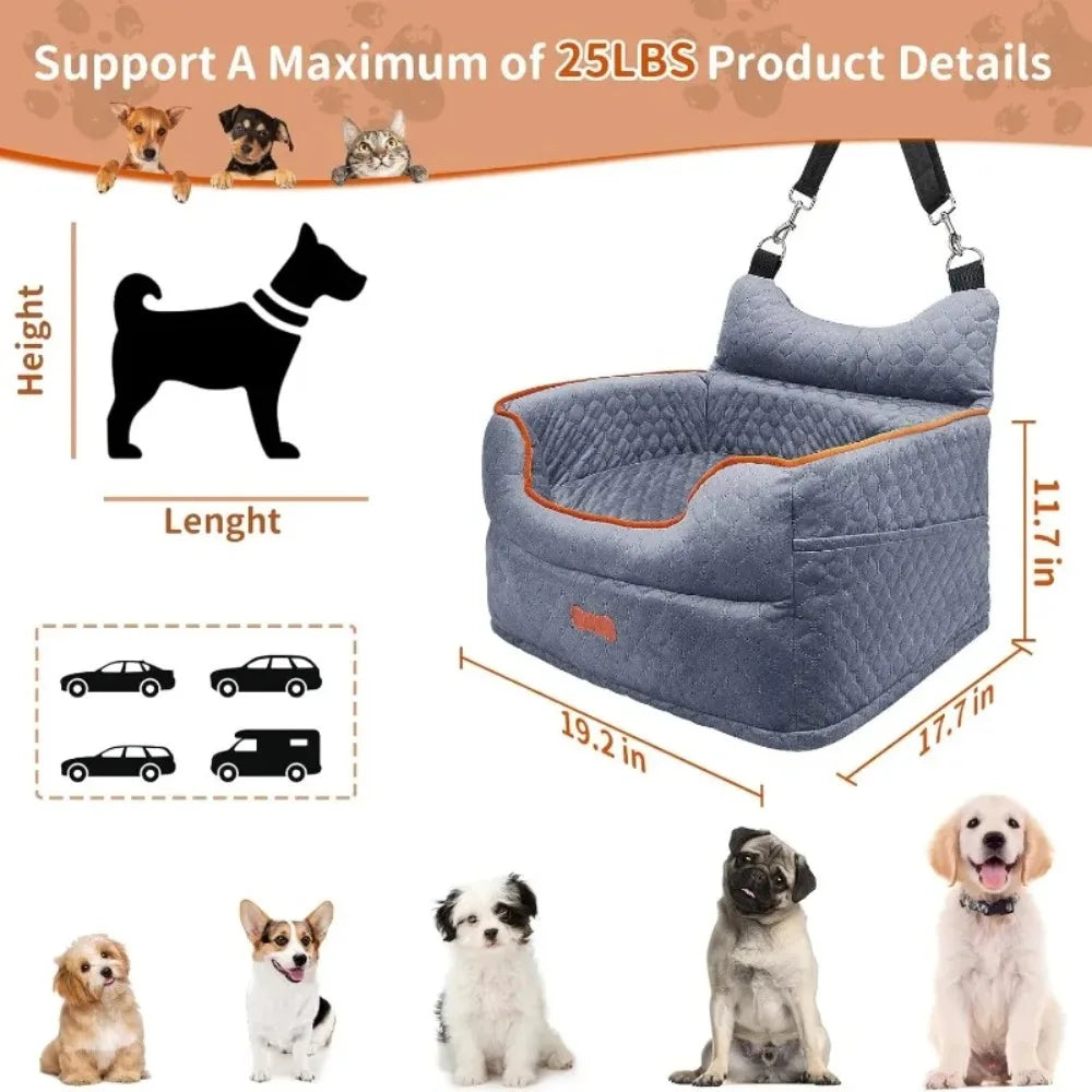 Dog Car Seat - Memory Foam Dog Booster Seat for Small Dogs- Up to 25lbs-Elevated Pet Car Seat with Storage Pockets -Grey