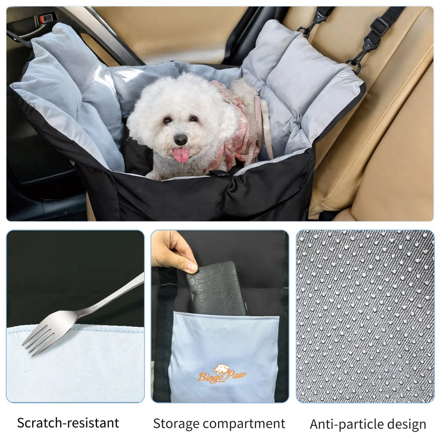 Small Dogs Car Seat- Ultra Soft Car Travel Bed with Safety Belt- Storage Pocket and Shoulder Strap -Puppy Dog Booster Seats