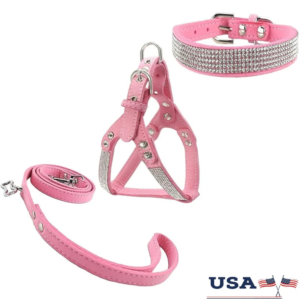 Comfortable Soft Dog Collar and Harness Set with Leash Stylish Diamond Design -Small Pets Training Outdoor Activity