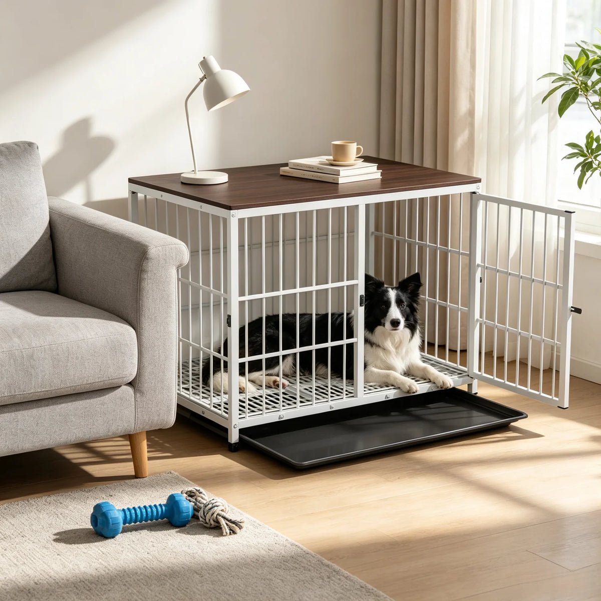 Wooden Dog Crate Furniture w/Metal Frame- Indoor Dog Kennel End Table- Stylish-3 Doors- Removable Tray-Crates