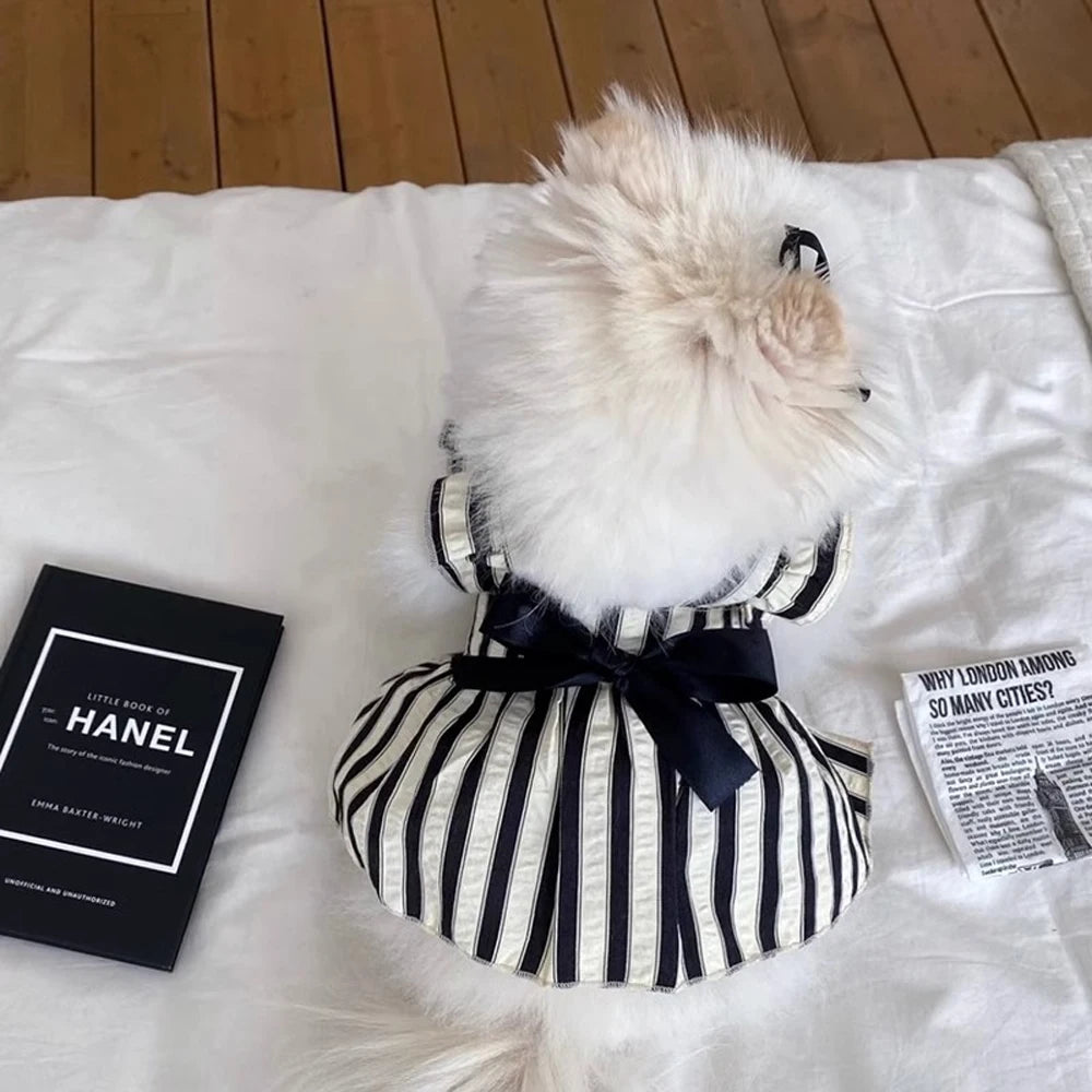 BLack/White Striped Dog Princess Dress-with Bow-Small Dogs-Costumes/Apparel