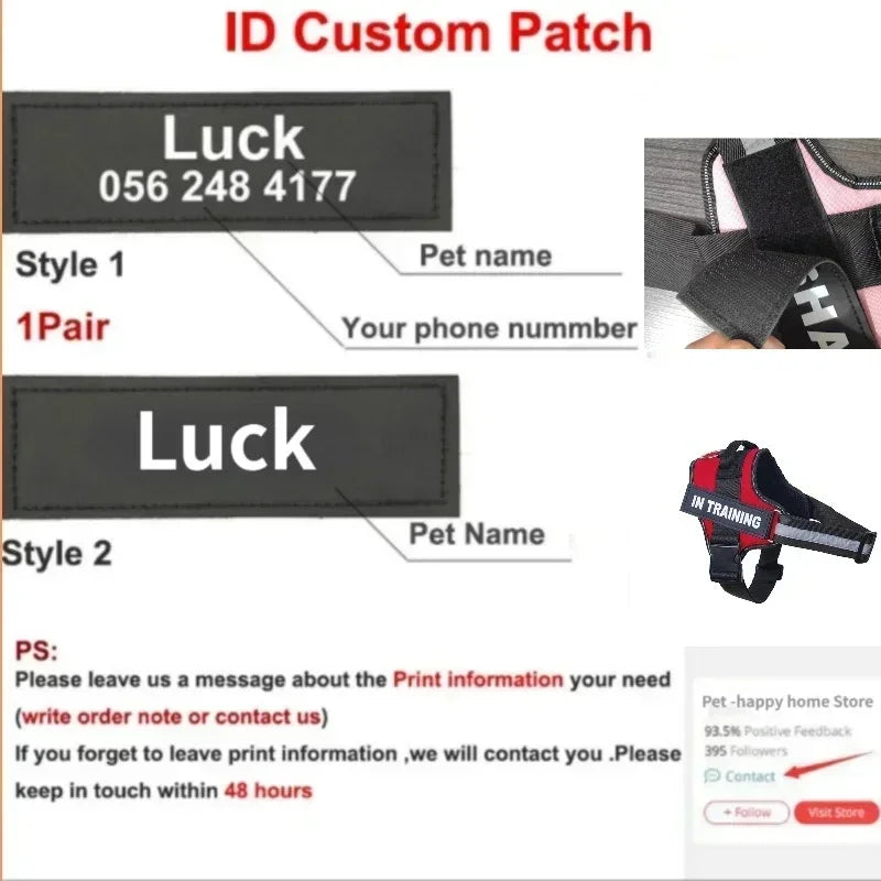 Dog Collar Harness ID Custom Patch-Reflective- Breathable No Pull Vest- Sizes XS to 2XL-Collars/Leashes