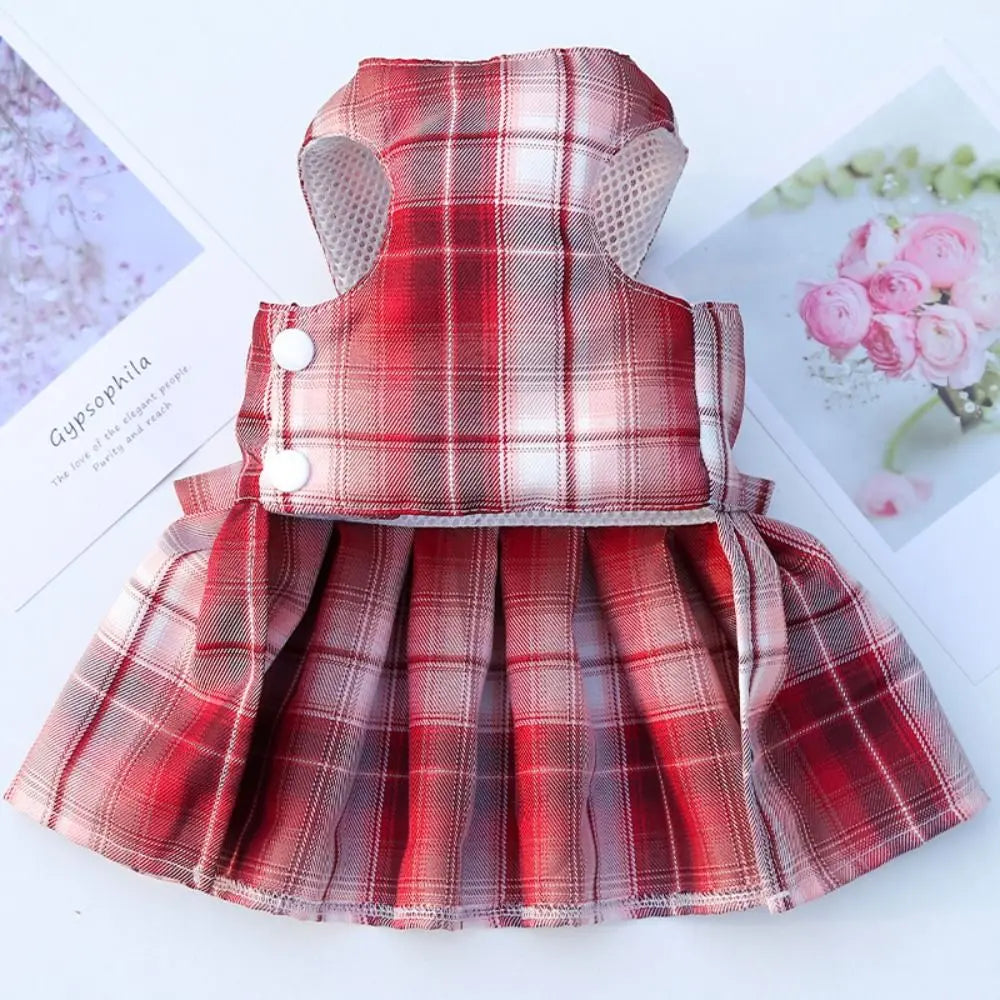 Dog Plaid JK Dress-Reusable with Leash Traction-Thin Dacron- Harness Skirt- Adjustable -Washable-Costumes/Apparel