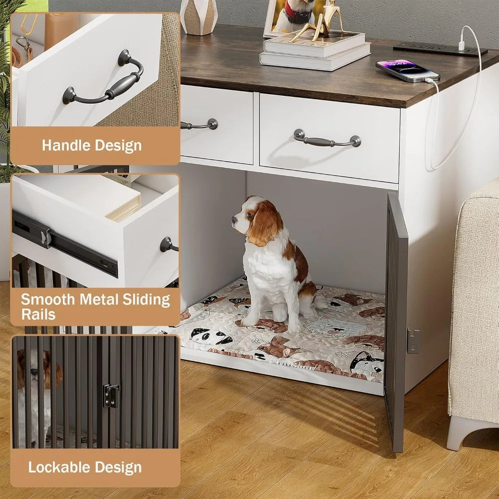 Dog Crate Furniture- 31.5 Inch Wooden Indoor Heavy Duty Dog Kennel House with Doors & USB Charger- Farmhouse Modern End