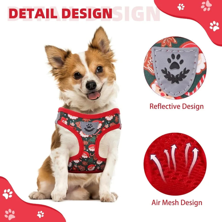 Christmas Dog Harness for Small Medium Dogs- Step-in No Pull Soft Padded Mesh- Adjustable-Reflective Pet Vest Harness Set