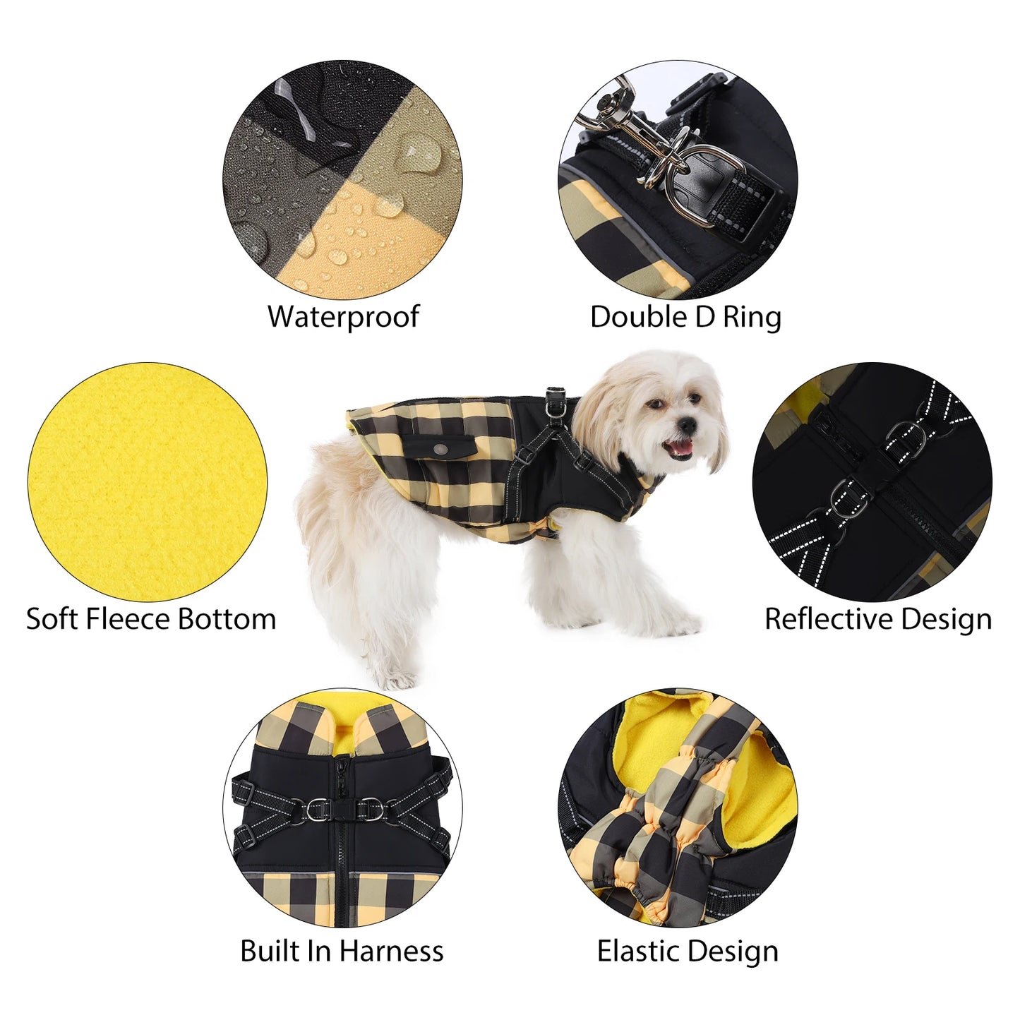 Plaid Thicken Padded Pet Dog Jacket With Harness For Cold Weather -Windproof Winter Dog Jacket Coat- For Small Medium Large Dog