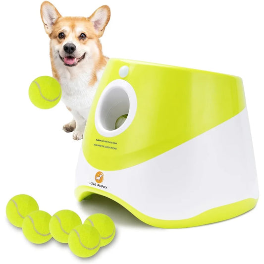 Automatic Small/Medium Dog Ball Launcher- Indoor/Outdoor Interactive Dog Toy with Three Ranges-Includes 6 Mini Tennis Balls- Data Line