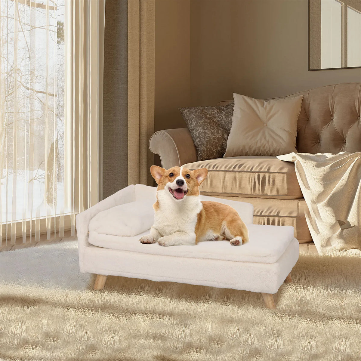 Waterproof Pet Sofa Bed-Raised Chair Lounger -Plush Cover Cushion with Pillow-Beds & Blankets