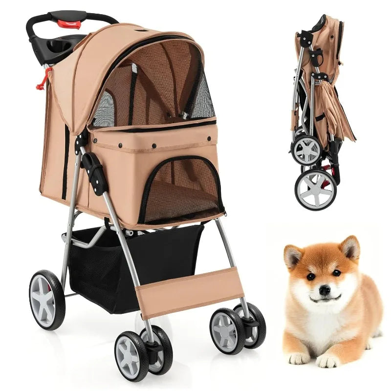 4 Wheels Dog Stroller, Foldable Pet Stroller for Small/Medium Dogs Cats, Cat Carrier with Storage Basket and Cup Holder, Pet Car