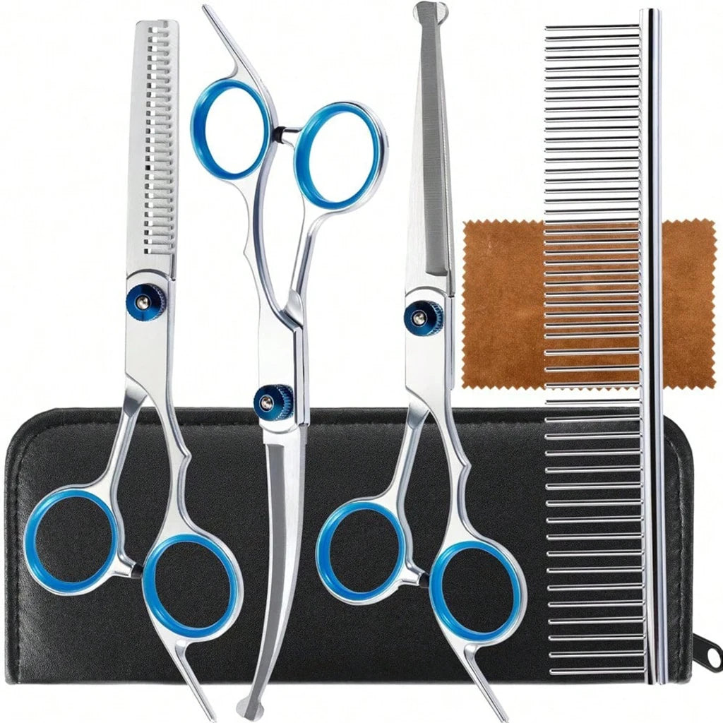 Professional Pet Grooming Scissors Kit- Stainless Steel -Dog/ Cat Hair Cutting Thinning -Curved Straight Trimmer Shears with Comb/Case-Pet Grooming