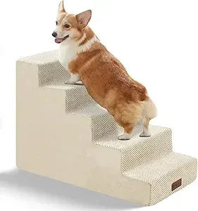 5-Step Dog Stairs for Small Dogs- Pet Stairs for Sofa Couch Dog Ramp with Removable Washable Cover- Beige- 22" H