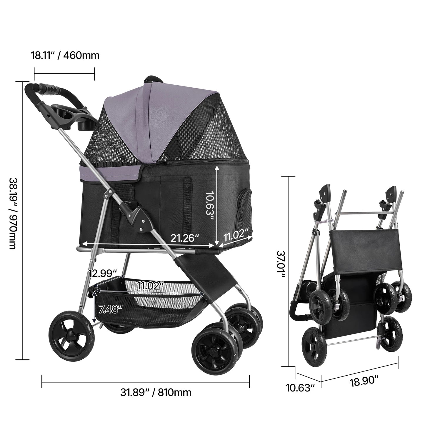 SucceBuy Pet Stroller- 35 lbs Weight Capacity- Dog Stroller Cart- 4 Wheels Pram w/Detachable Mesh Carrier w/ Brakes-Pet Strollers