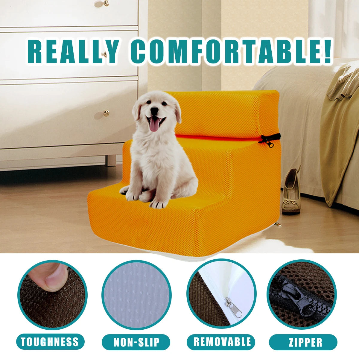 Pet Stairs Cover -Detachable -Zippered Mesh Fabric Stairs Cover- Non-Slip Washable