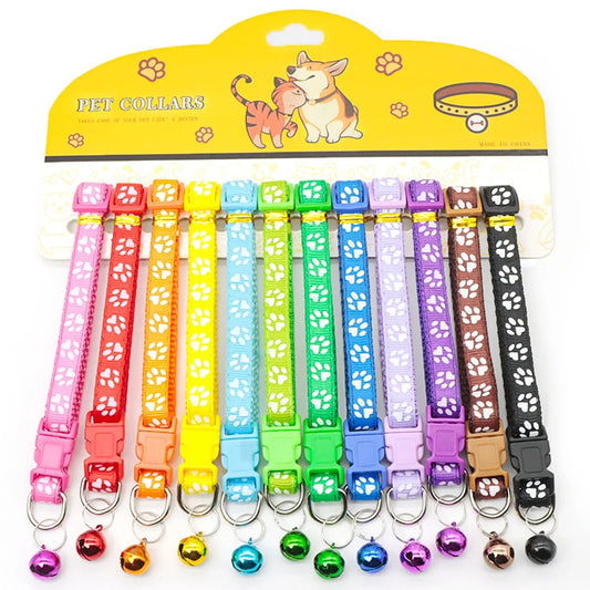12Pcs Wholesale Mix Color Anti-Lost Dog Collars- Pet Cat Puppy Buckle Collar with Bell- 6 Colors Footprint