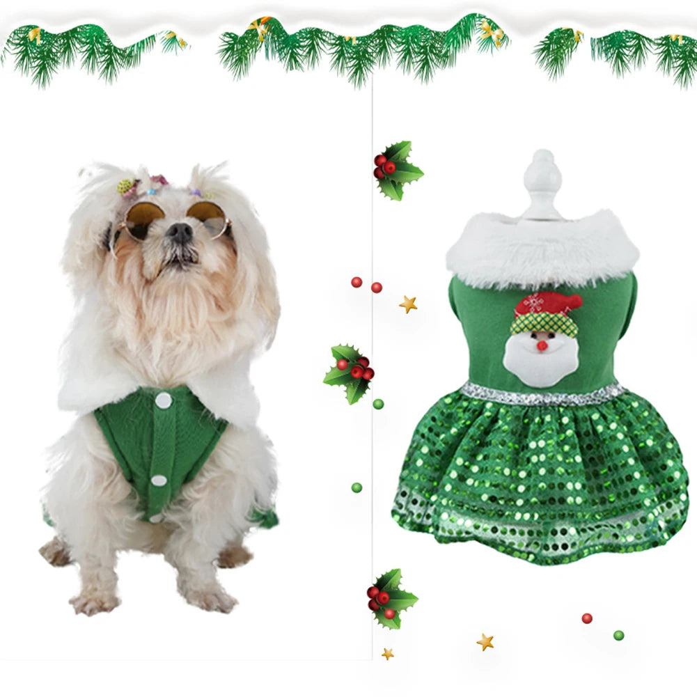 Christmas Dog Girls Winter Dresses- Comfortable Christmas Dog Dress -Soft Red & Green Skirt- Christmas Dress Up